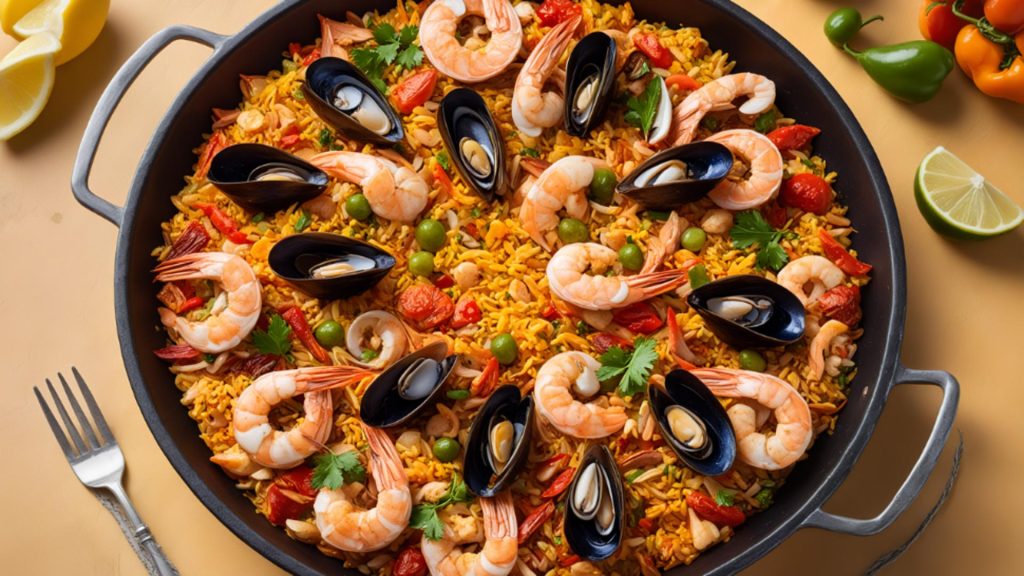 Paella cu fructe de mare. Un preparat bogat în proteine de bună calitate
