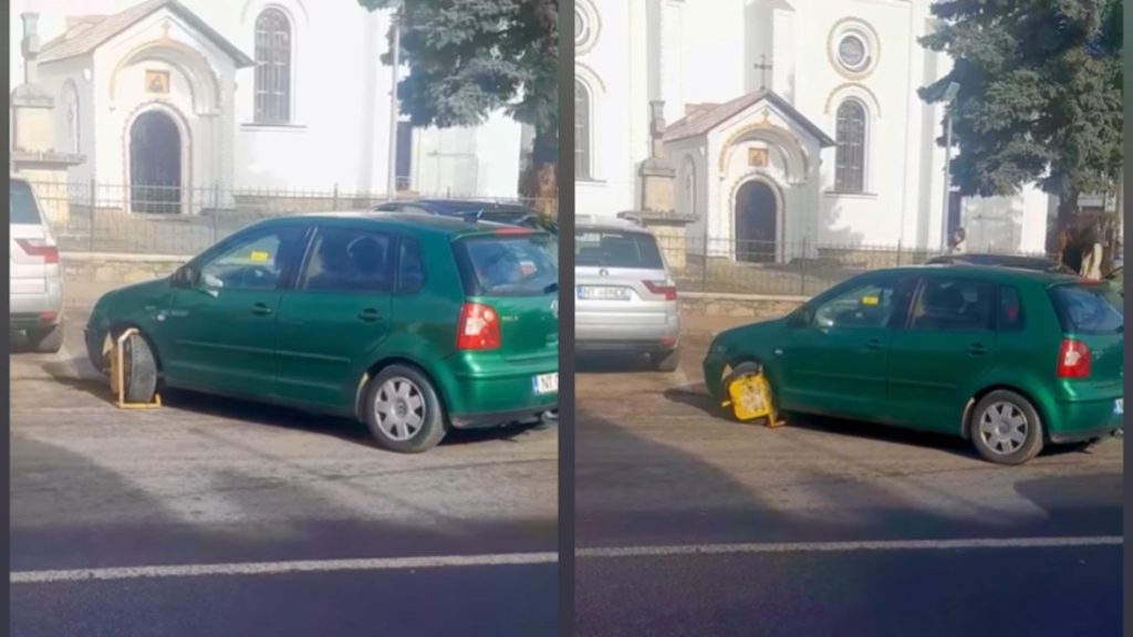 VIDEO. Momentul în care un șofer pleacă din parcare cu tot cu dispozitivul de blocare montat pe roată, ca să fenteze amenda
