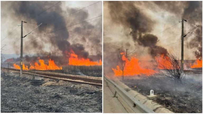 Trafic feroviar blocat de un incendiu de vegetație. Un tren cu 31 de pasageri, oprit din drum. Există riscul ca locomotiva să ia foc