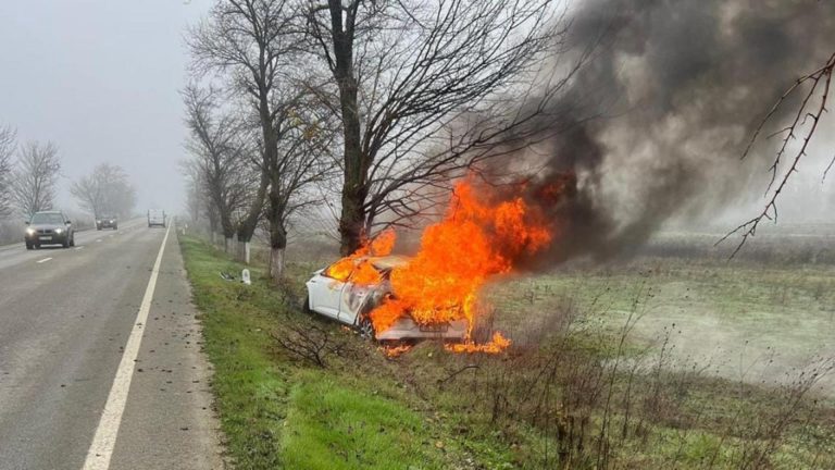 Sfârșit groaznic pentru un tânăr din Slatina. S-a izbit cu mașina de un copac și vehiculul a ars ca o torță – FOTO