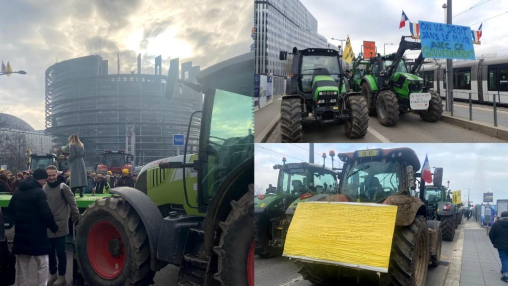 Fermierii francezi protestează în fața Parlamentului European de la Strasbourg. Zeci de utiaje blochează accesul în instituție